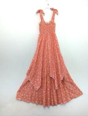 Vintage Trolley Car Women’s Coral Floral Tie-Shoulder Maxi Dress Size Small
